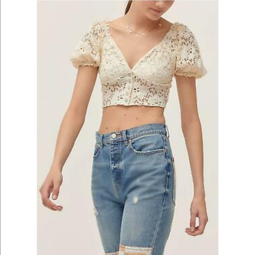 Urban Outfitters Ivory Lace Crop With Puff…